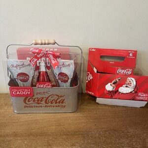 NEW Coca-Cola Metal Collectible Caddy 2 Glasses Popcorn Gift Set + Bonus Carrier